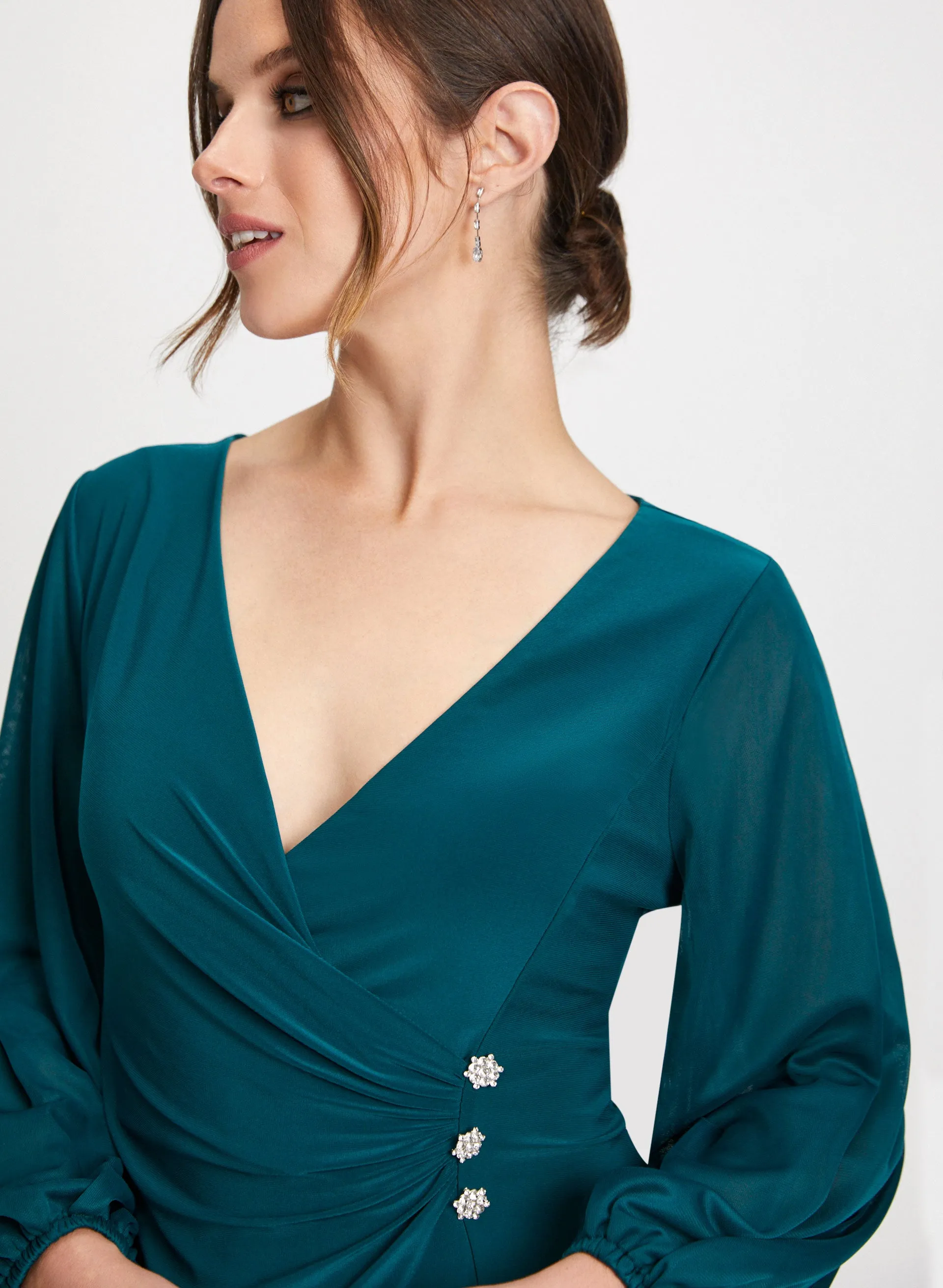 Crystal Button V-Neck Dress
