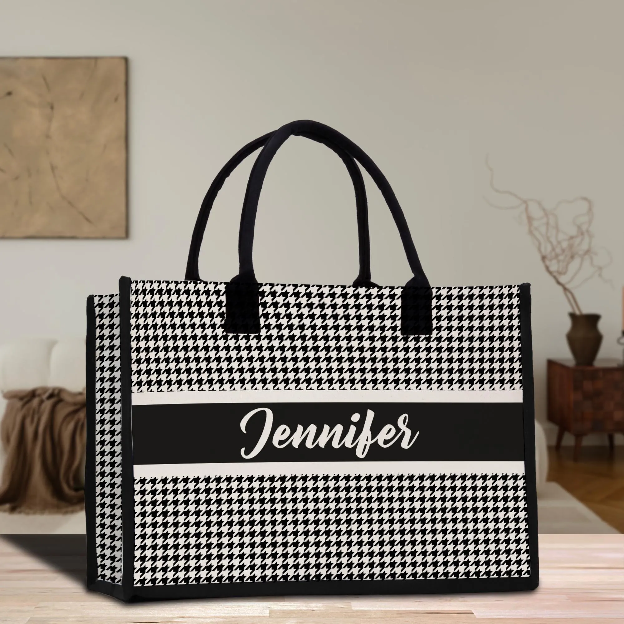 Custom Name Cotton Canvas Tote Bag Personalized Chic Pattern Tote Christmas Gift Bridesmaid Bag Premium Custom Tote Bag (PNTB1001)