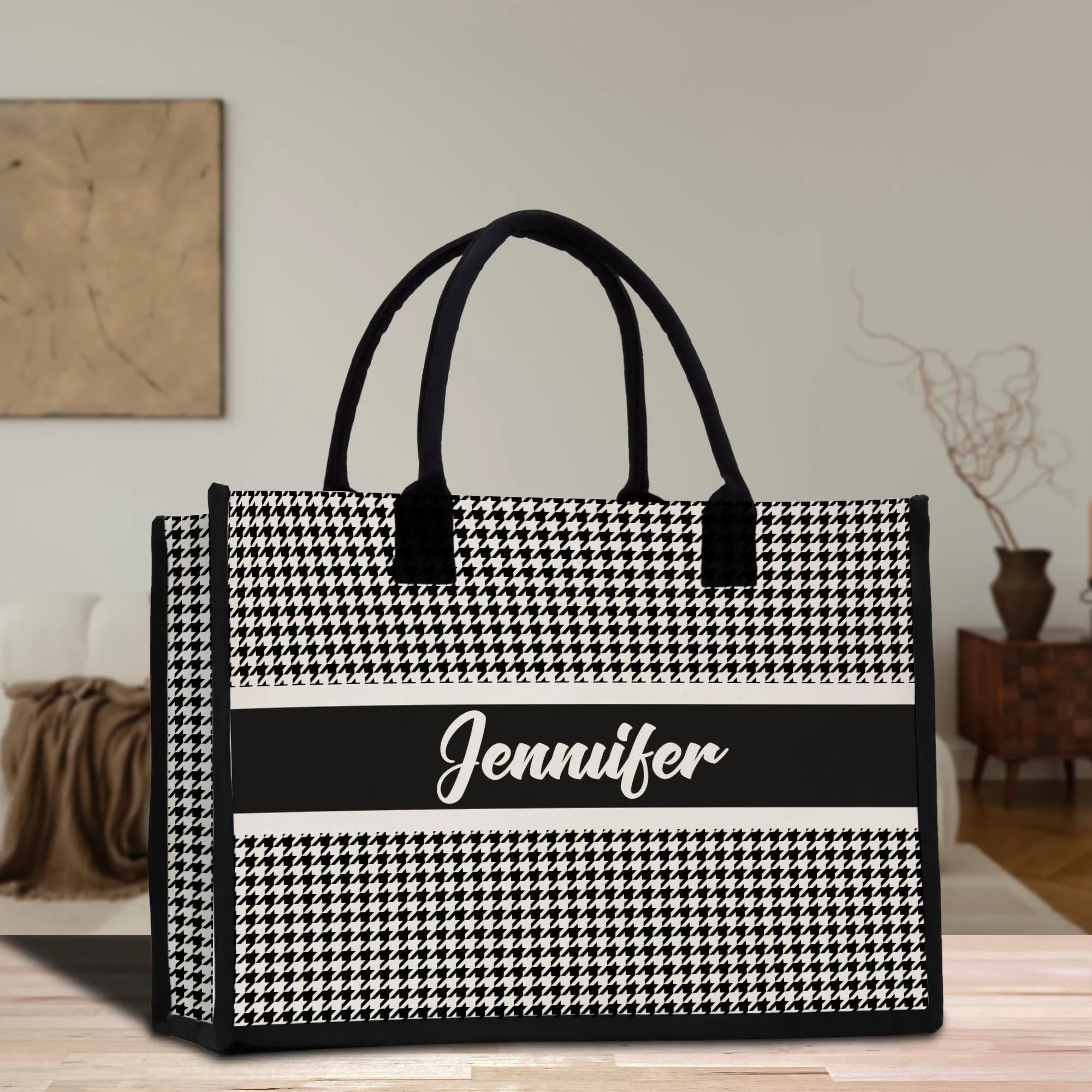 Custom Name Cotton Canvas Tote Bag Personalized Chic Pattern Tote Christmas Gift Bridesmaid Bag Premium Custom Tote Bag (PNTB1001)
