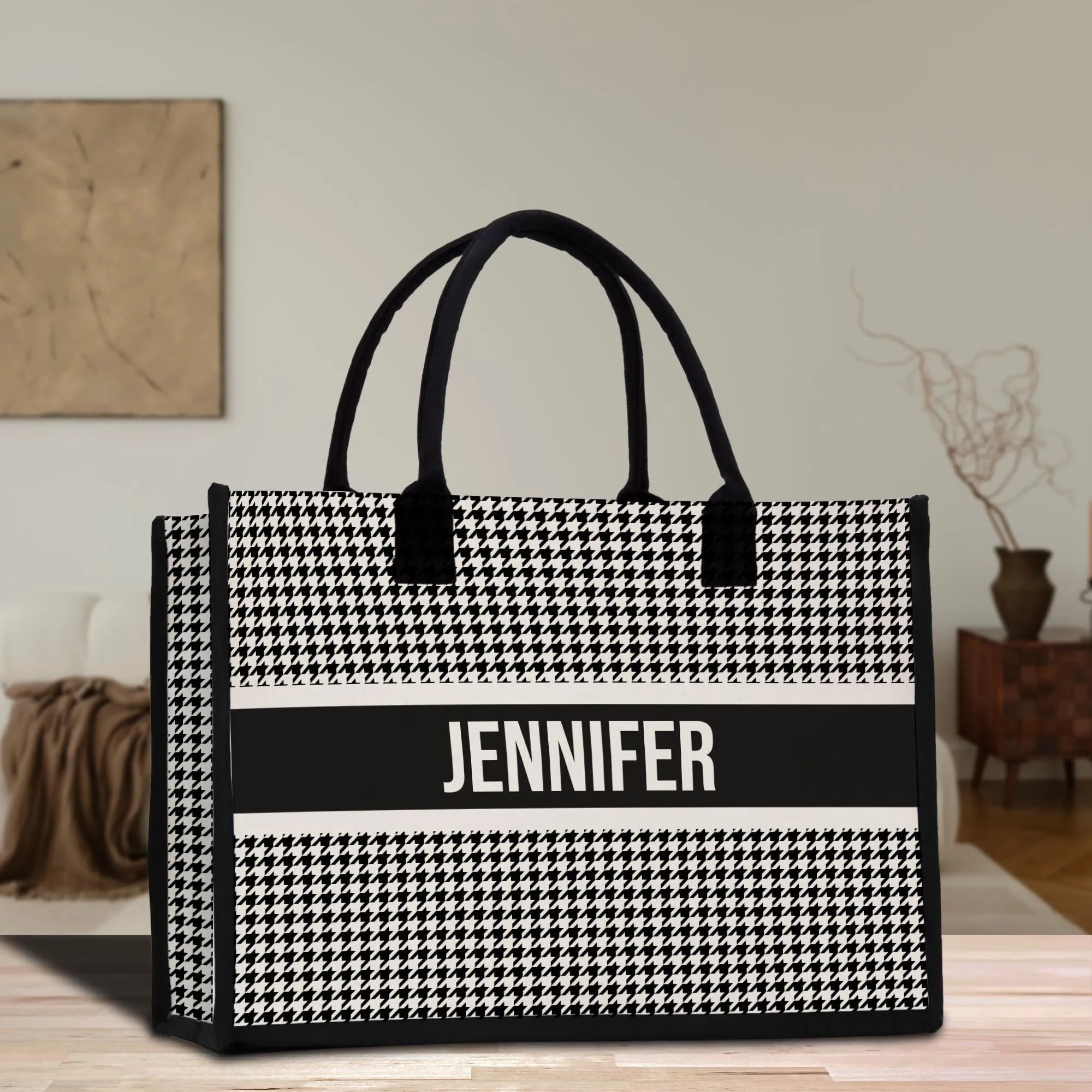 Custom Name Cotton Canvas Tote Bag Personalized Chic Pattern Tote Christmas Gift Bridesmaid Bag Premium Custom Tote Bag (PNTB1001)