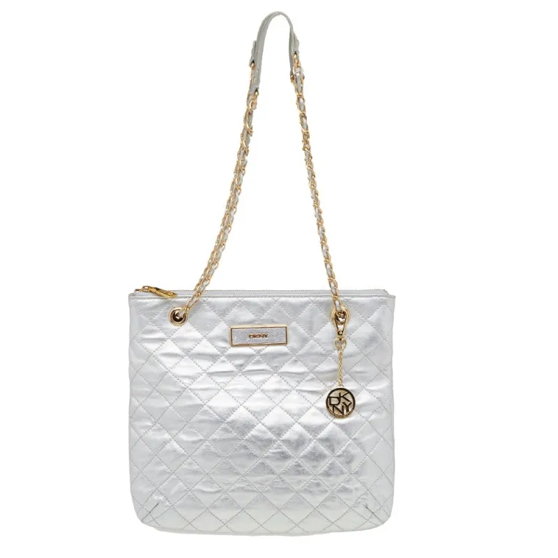 DKNY Silver Quilted Leather Shoulder Bag