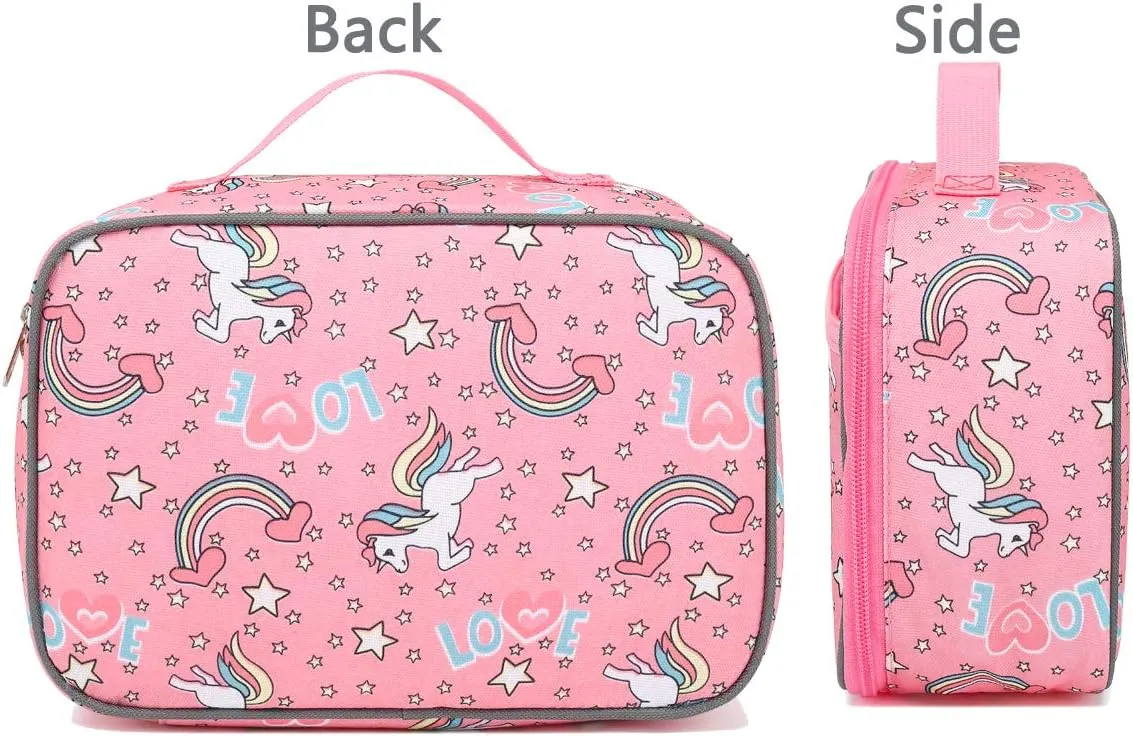 FlowFly Kids Lunch box Insulated Soft Bag Mini Cooler Back to School Thermal Meal Tote Kit for Girls, Boys, Unicorn