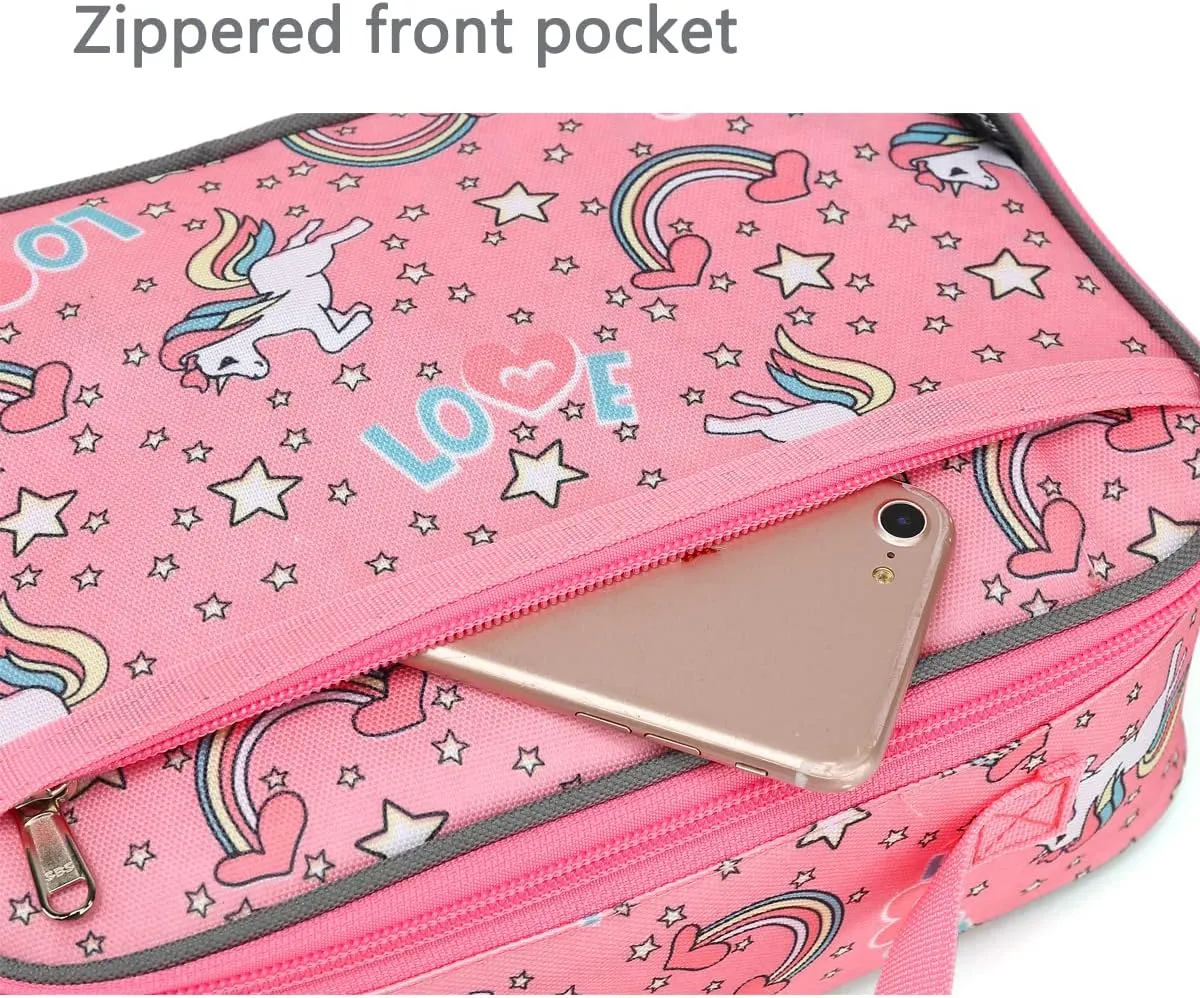 FlowFly Kids Lunch box Insulated Soft Bag Mini Cooler Back to School Thermal Meal Tote Kit for Girls, Boys, Unicorn