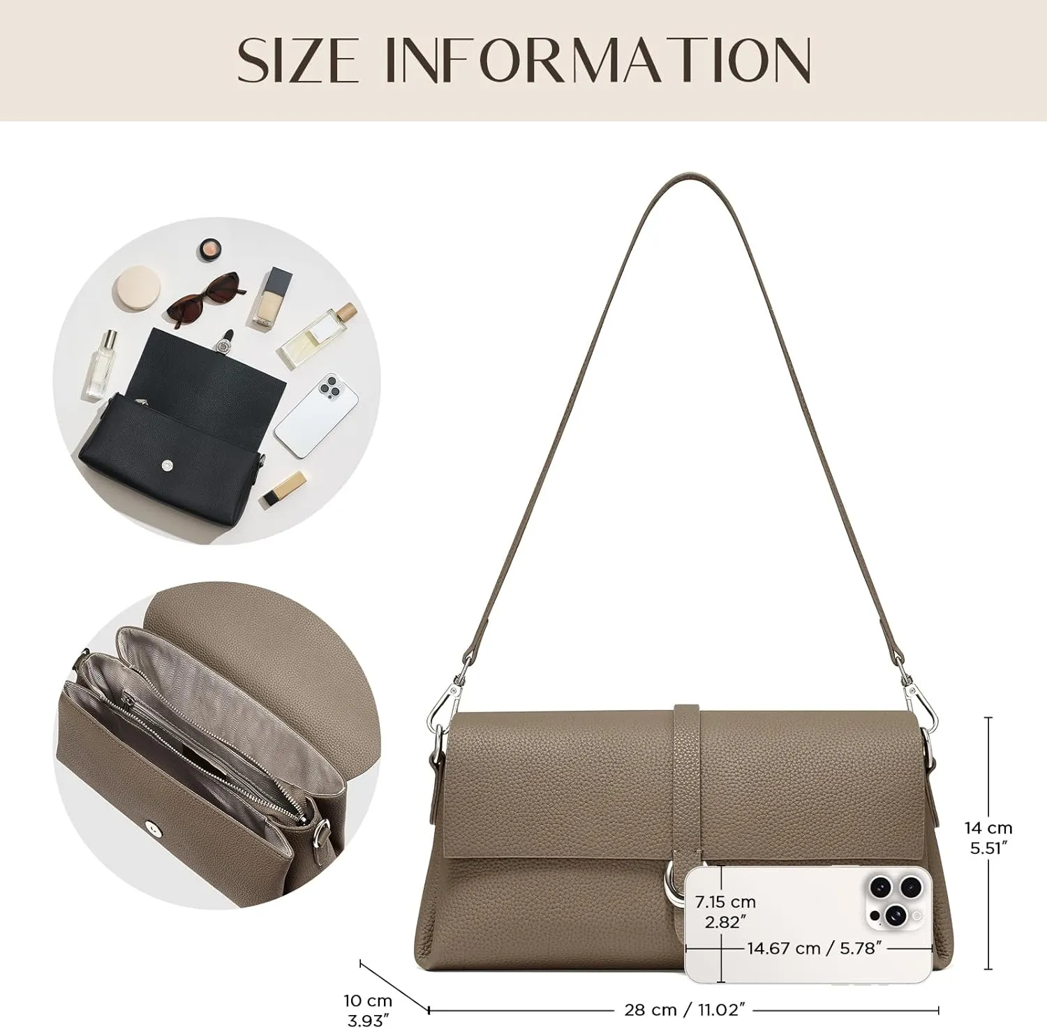 Genuine Leather Clutch Purses for Women Shoulder Bag Trendy Top-Handle Handbags with 2 Adjustable Straps