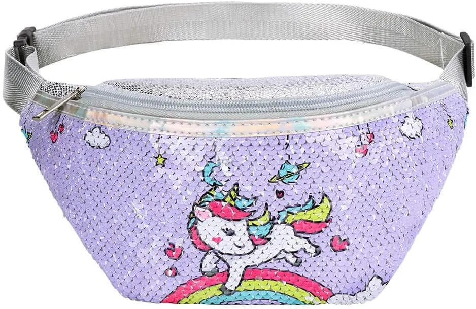 Glitter Sequins Fanny Pack Waist Pack Unicorn Sling Crossbody Bag Chest Bag for Kids Little Girls