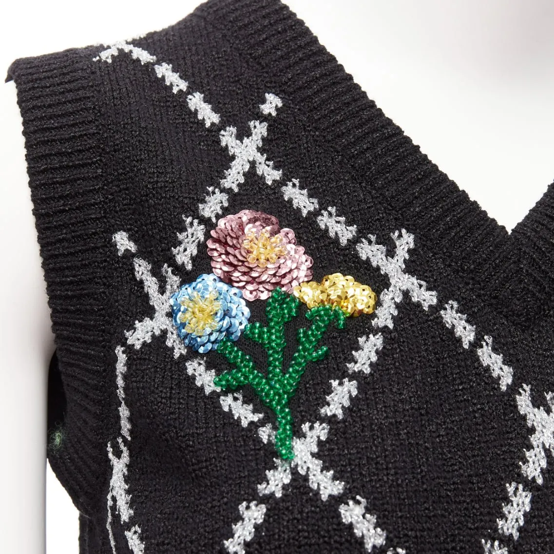 GUCCI black silver diamong argyle floral embellished sweater vest S