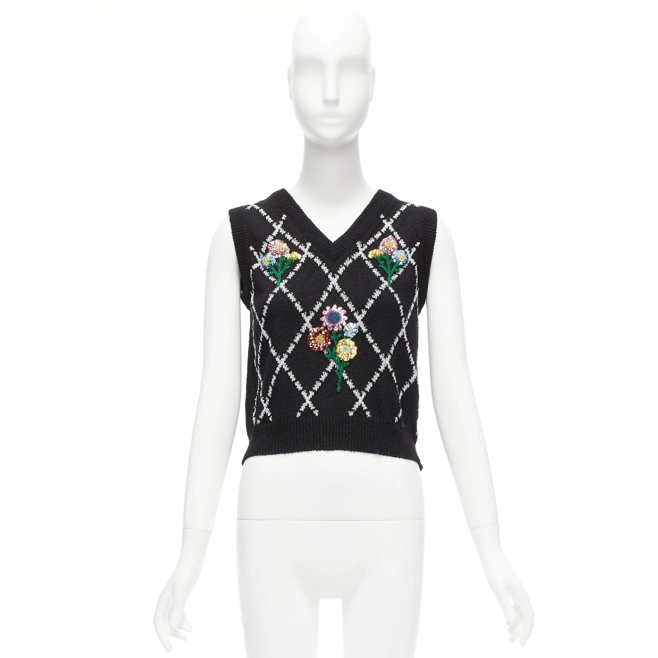 GUCCI black silver diamong argyle floral embellished sweater vest S