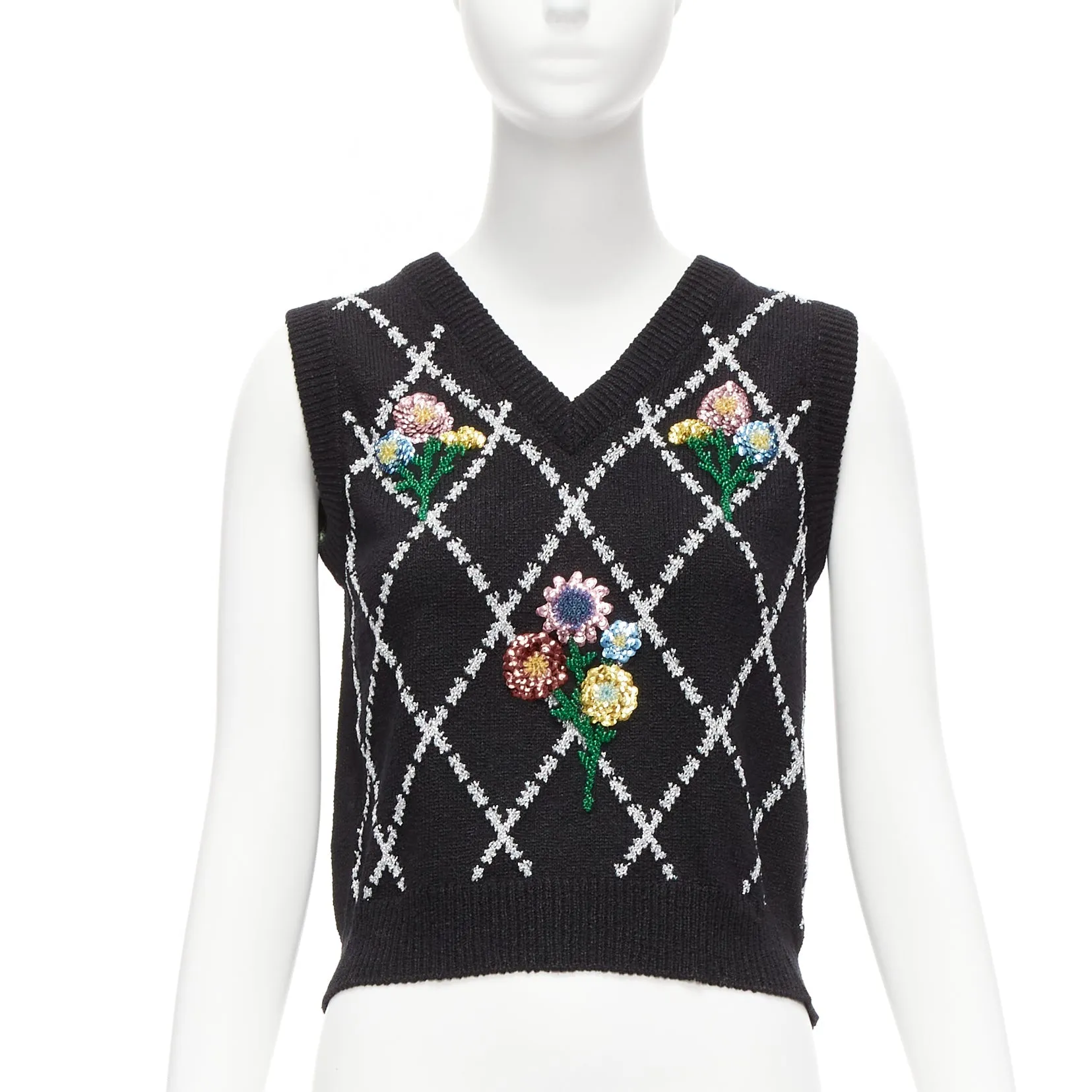 GUCCI black silver diamong argyle floral embellished sweater vest S
