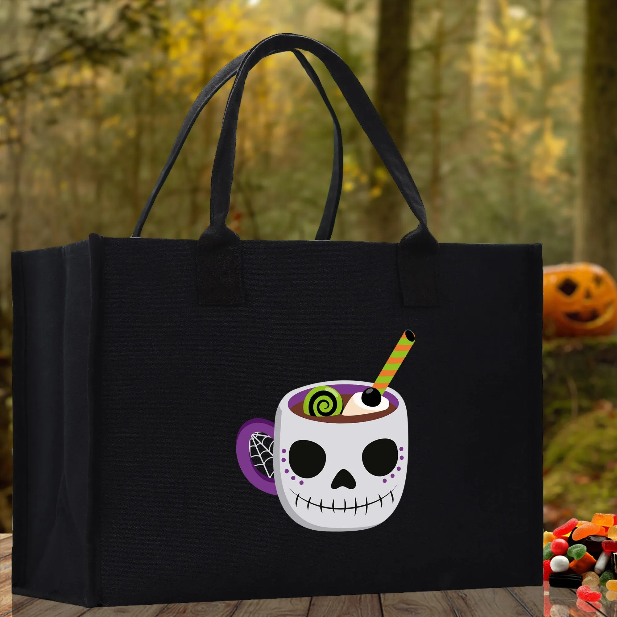 Halloween Trick or Treat Tote Bag Halloween Tote Bag for Kids Halloween Gift Halloween Candy Bag Halloween Doodles Cute Canvas Tote Bag