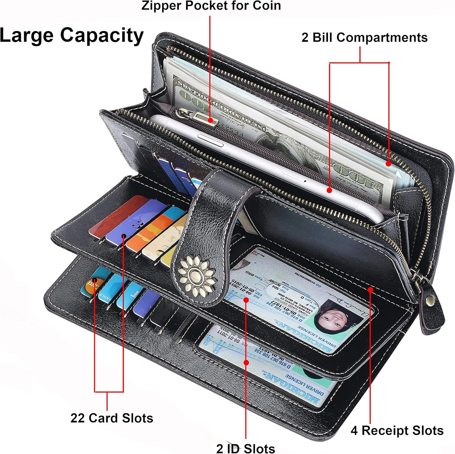 Lavemi Womens Large Capacity Genuine Leather RFID Blocking Wallets Wristlet Clutch Card Holder