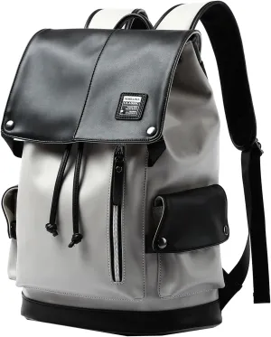 Leather Laptop Backpack Fit 15.6 inch For Men Travel Backpack Large Vintage Backpack Waterproof Work College Business Leather Drawcord School Backpack Father's Day