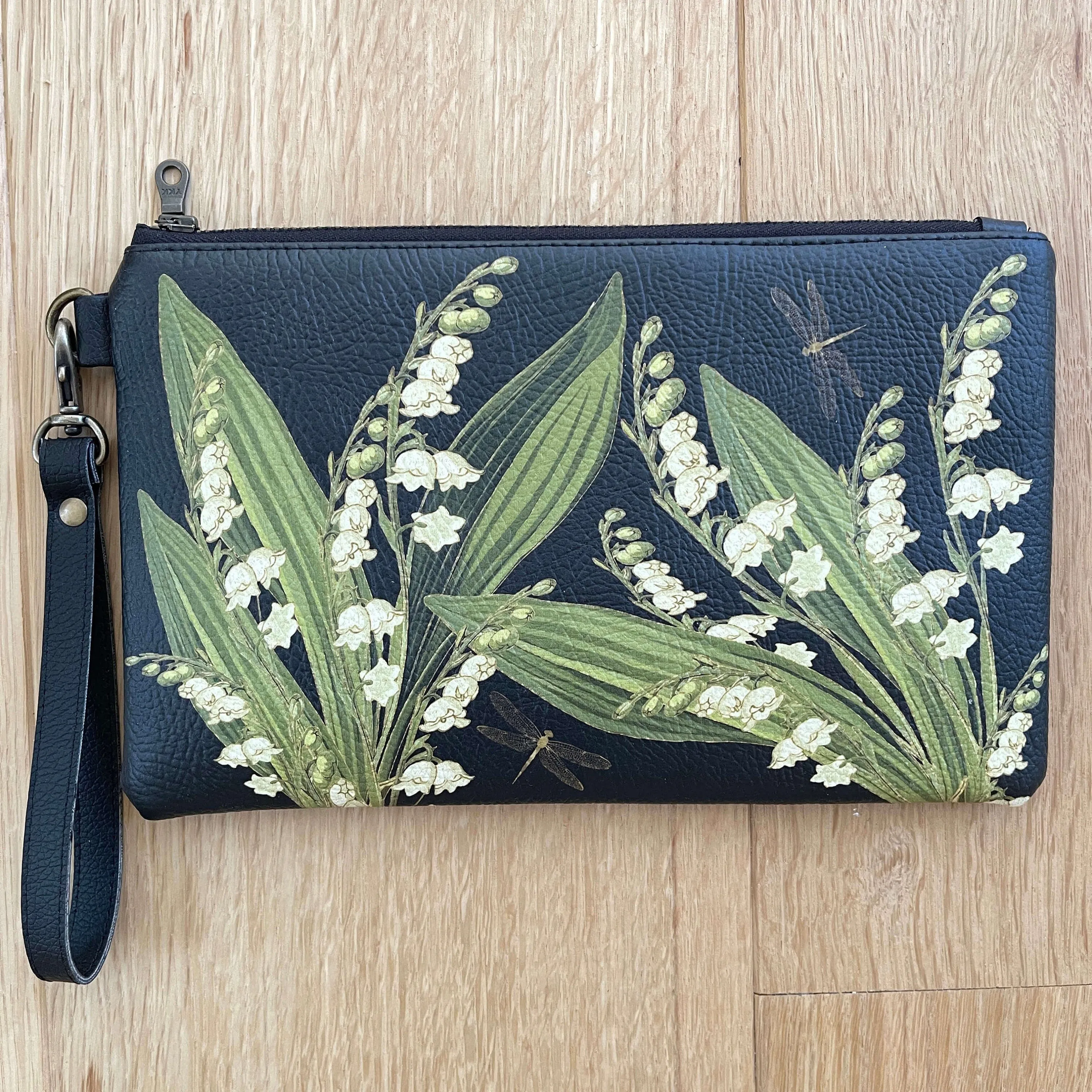 Lily-of-the-Valley & Dragonfly Vegan Leather Wristlet, Clutch,Ladies handbag, Botanical handbag,Flower handbag, Floral bag,