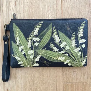 Lily-of-the-Valley & Dragonfly Vegan Leather Wristlet, Clutch,Ladies handbag, Botanical handbag,Flower handbag, Floral bag,