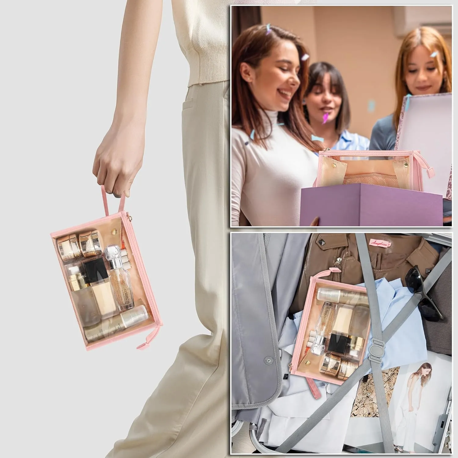 MONSTINA Makeup Bag, Clear Cosmetic Case Large Capacity, Portable Travel Makeup Case Organizer, Waterproof Toiletry Bag, Easter Birthday Gifts, Pink