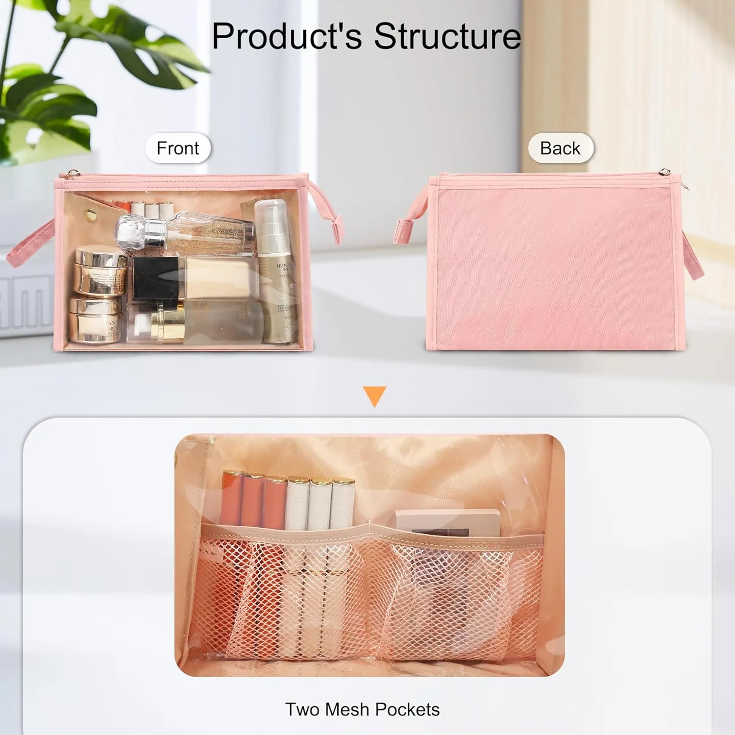 MONSTINA Makeup Bag, Clear Cosmetic Case Large Capacity, Portable Travel Makeup Case Organizer, Waterproof Toiletry Bag, Easter Birthday Gifts, Pink