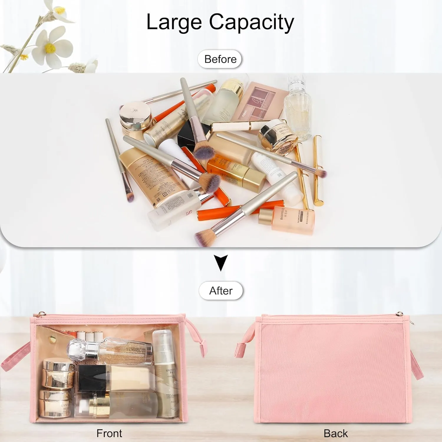 MONSTINA Makeup Bag, Clear Cosmetic Case Large Capacity, Portable Travel Makeup Case Organizer, Waterproof Toiletry Bag, Easter Birthday Gifts, Pink