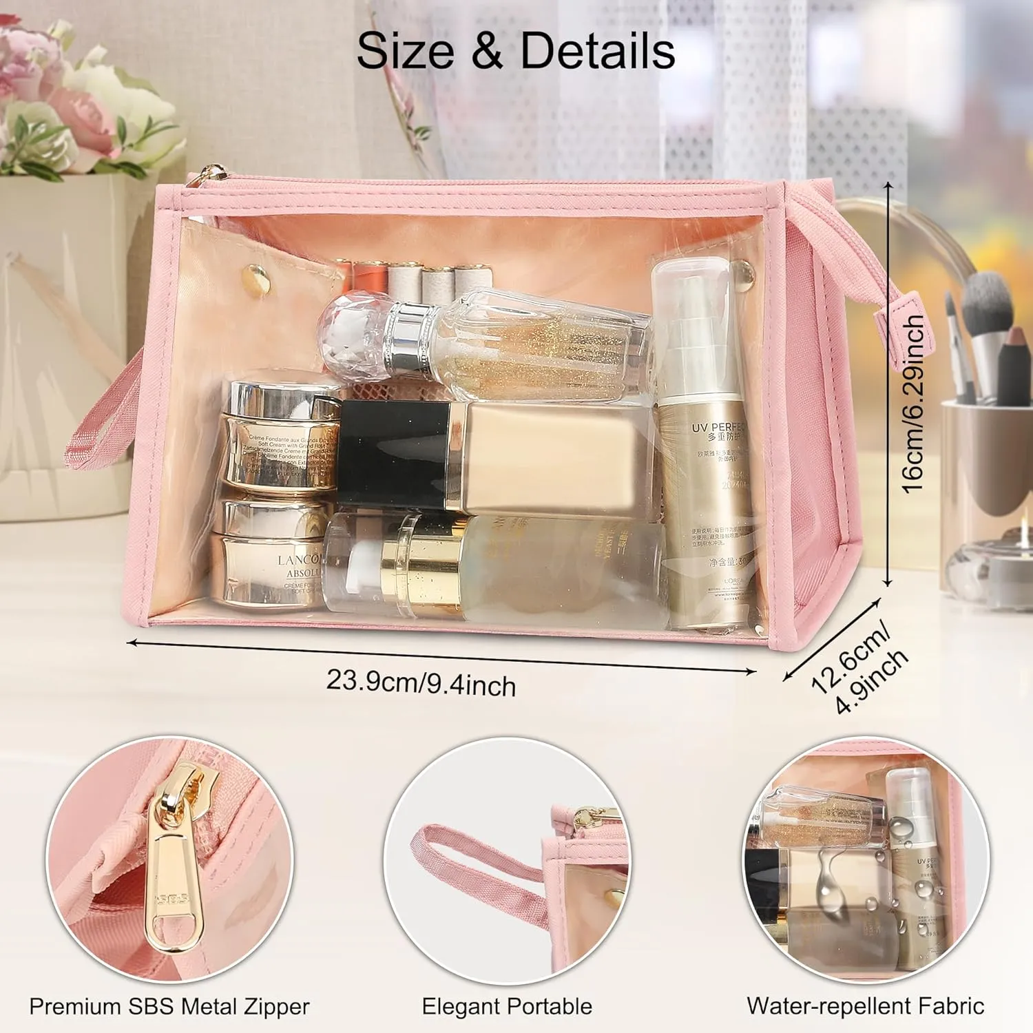 MONSTINA Makeup Bag, Clear Cosmetic Case Large Capacity, Portable Travel Makeup Case Organizer, Waterproof Toiletry Bag, Easter Birthday Gifts, Pink