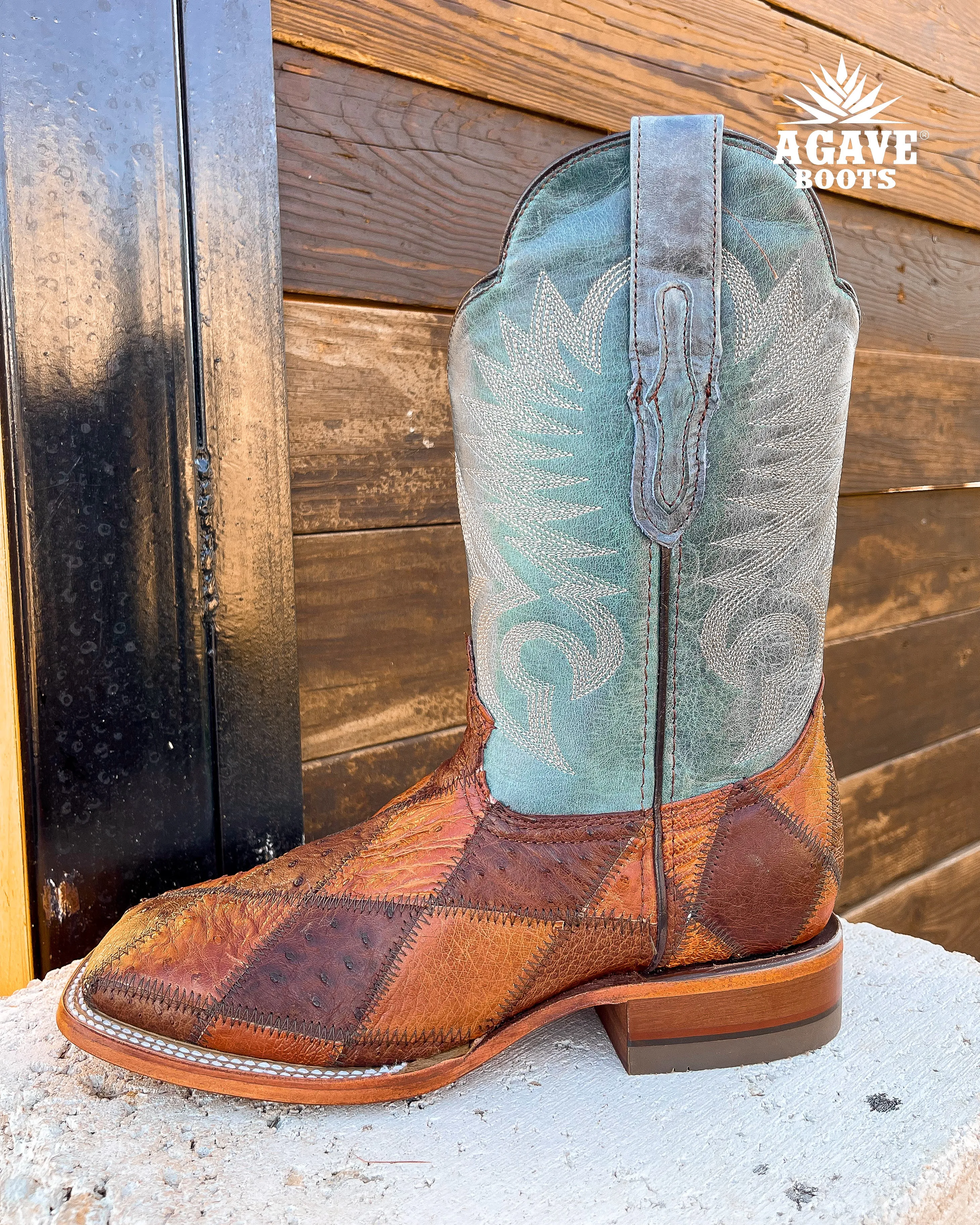 OSTRICH PATCHWORK BLUE| MEN SQUARE TOE WESTERN COWBOY BOOTS