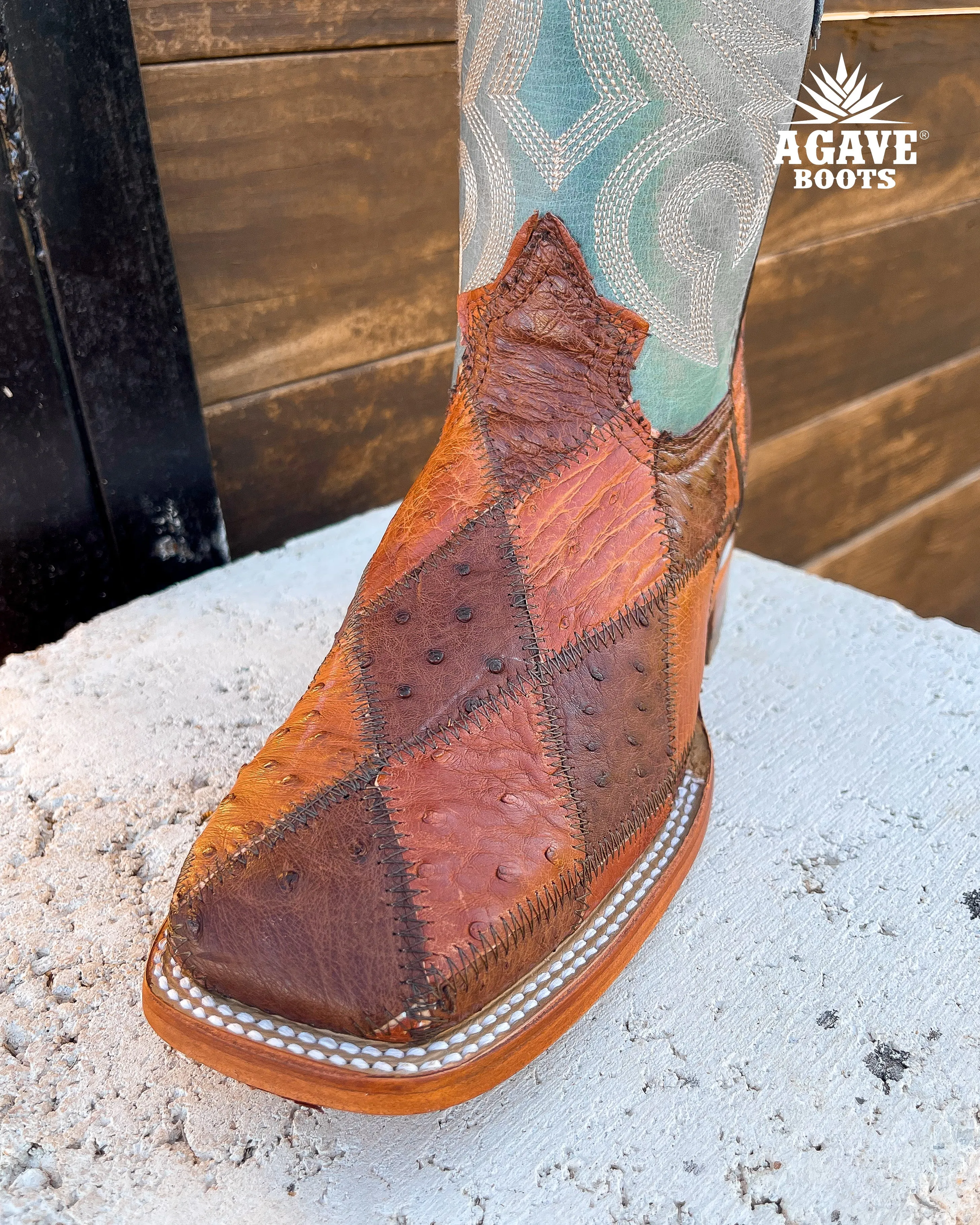 OSTRICH PATCHWORK BLUE| MEN SQUARE TOE WESTERN COWBOY BOOTS