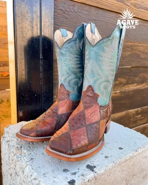 OSTRICH PATCHWORK BLUE| MEN SQUARE TOE WESTERN COWBOY BOOTS