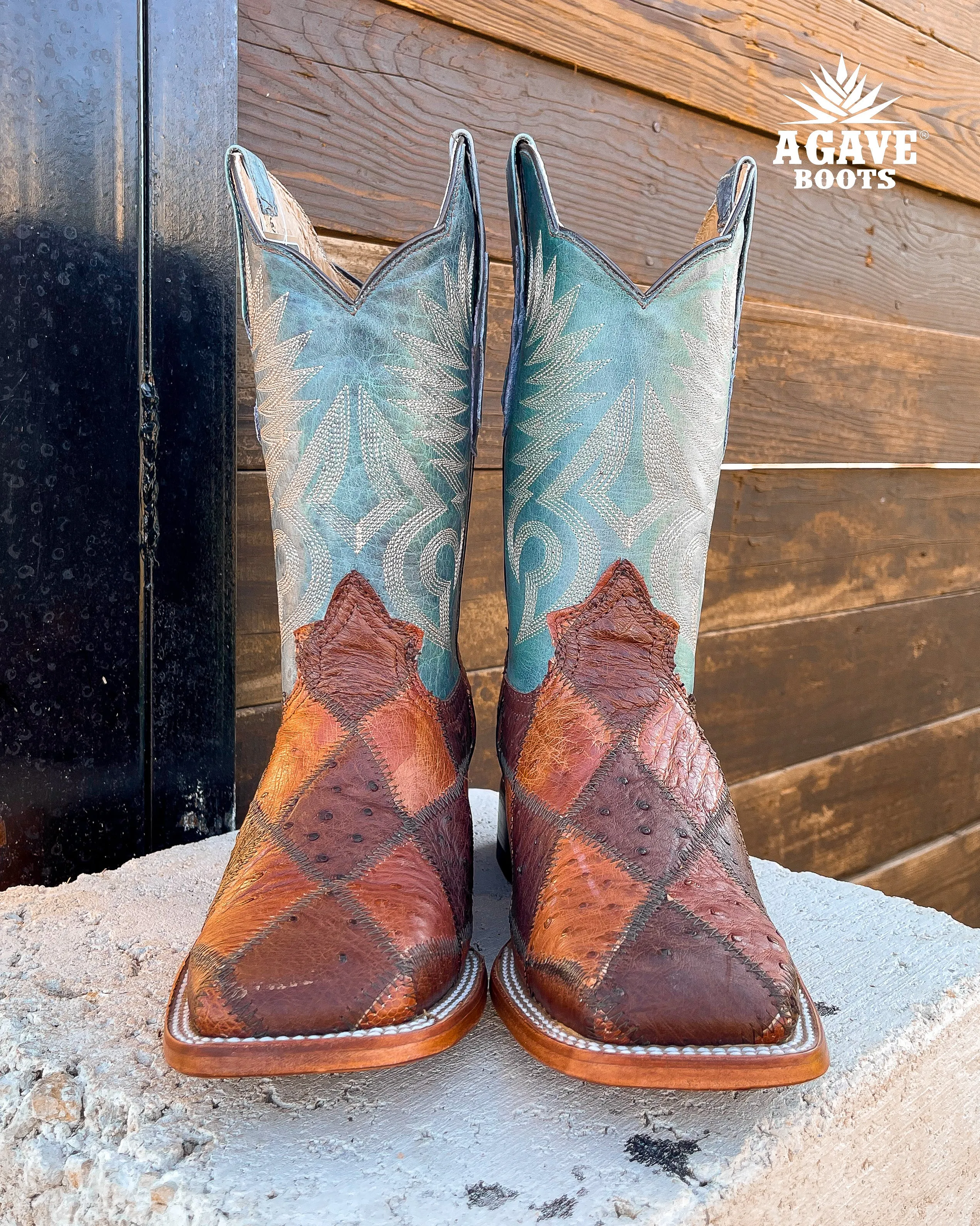 OSTRICH PATCHWORK BLUE| MEN SQUARE TOE WESTERN COWBOY BOOTS