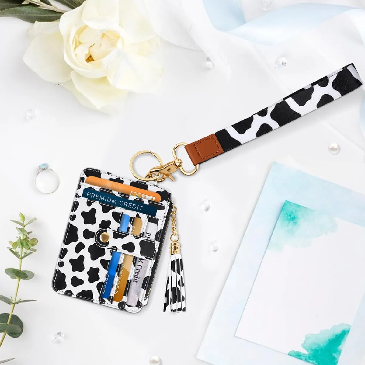 Slim Zipper Credit Card Holder with Keychain Wristlet Small RFID Leather Wallet with ID Window for Women,Cow