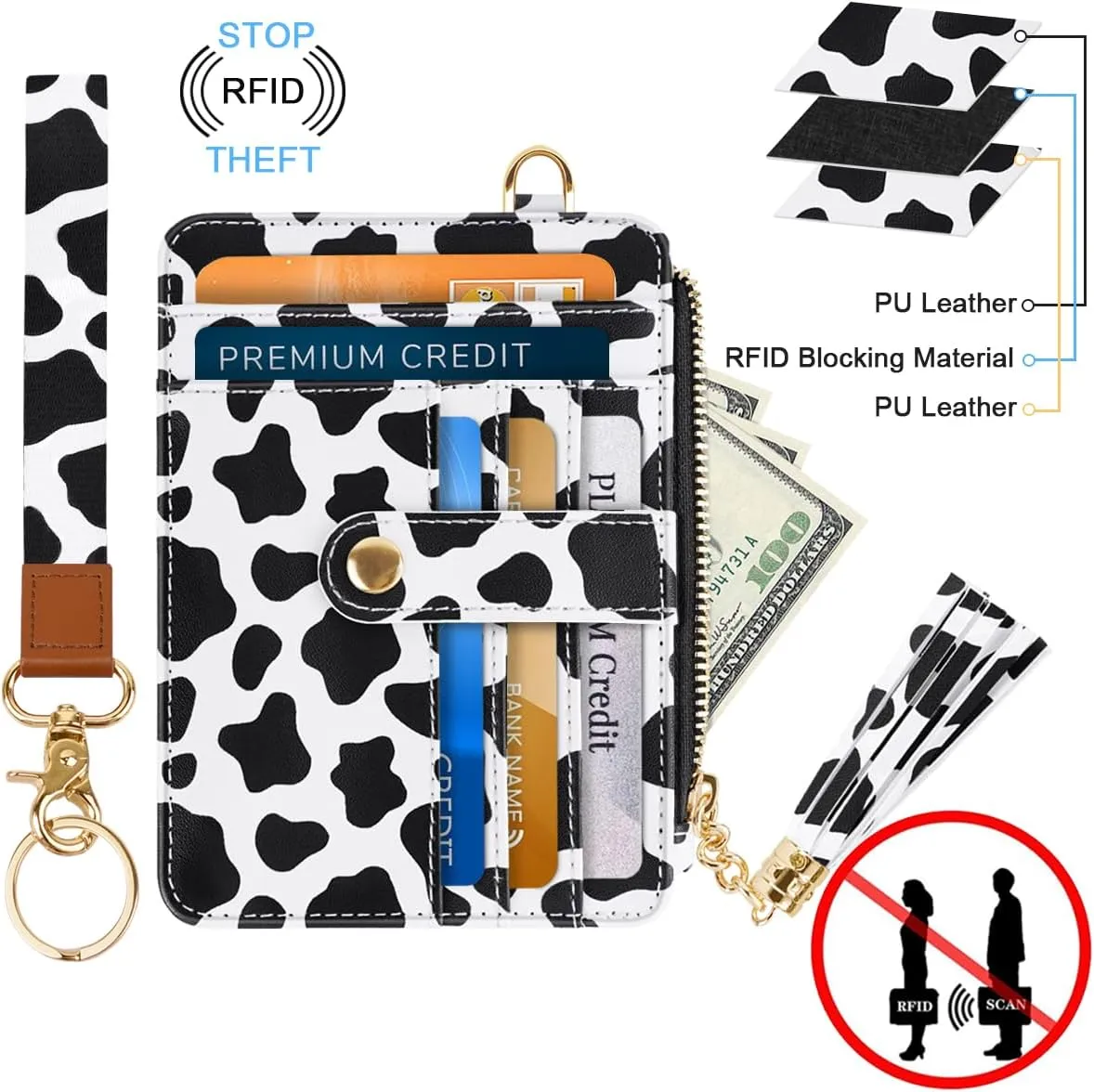 Slim Zipper Credit Card Holder with Keychain Wristlet Small RFID Leather Wallet with ID Window for Women,Cow