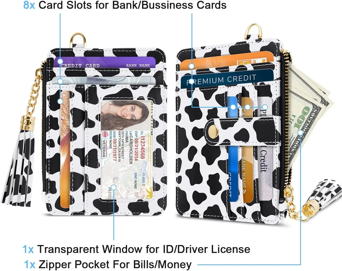 Slim Zipper Credit Card Holder with Keychain Wristlet Small RFID Leather Wallet with ID Window for Women,Cow