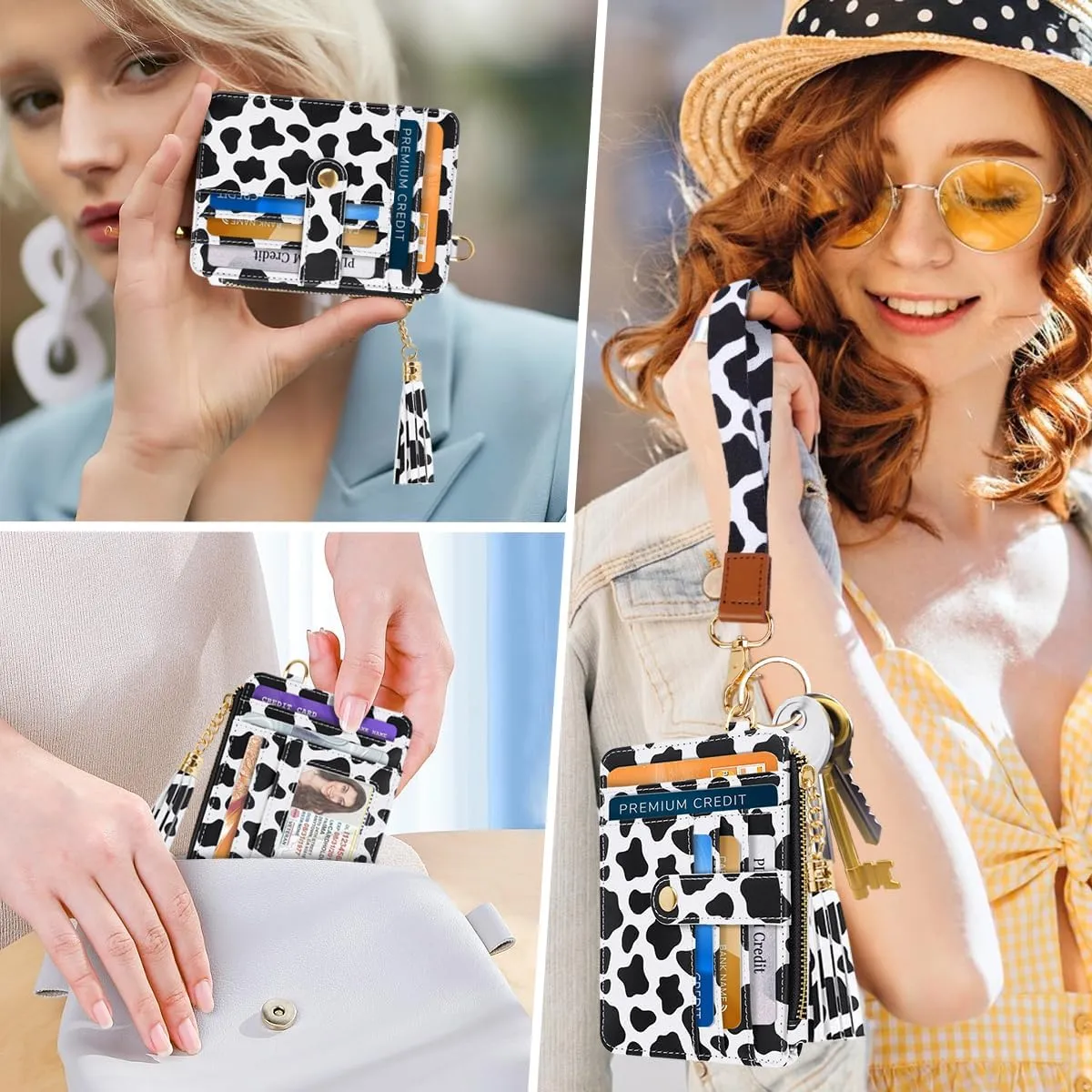 Slim Zipper Credit Card Holder with Keychain Wristlet Small RFID Leather Wallet with ID Window for Women,Cow