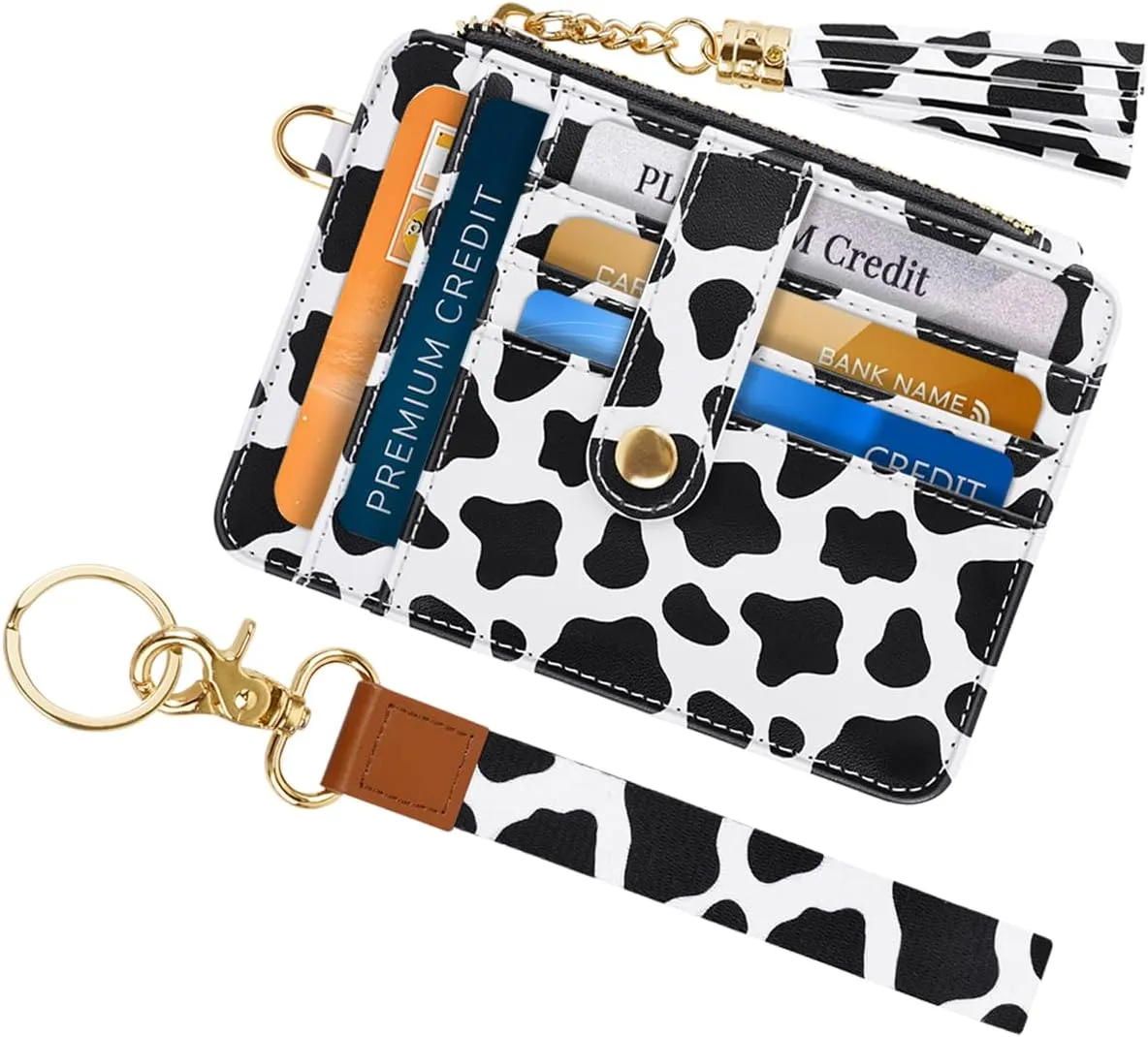Slim Zipper Credit Card Holder with Keychain Wristlet Small RFID Leather Wallet with ID Window for Women,Cow