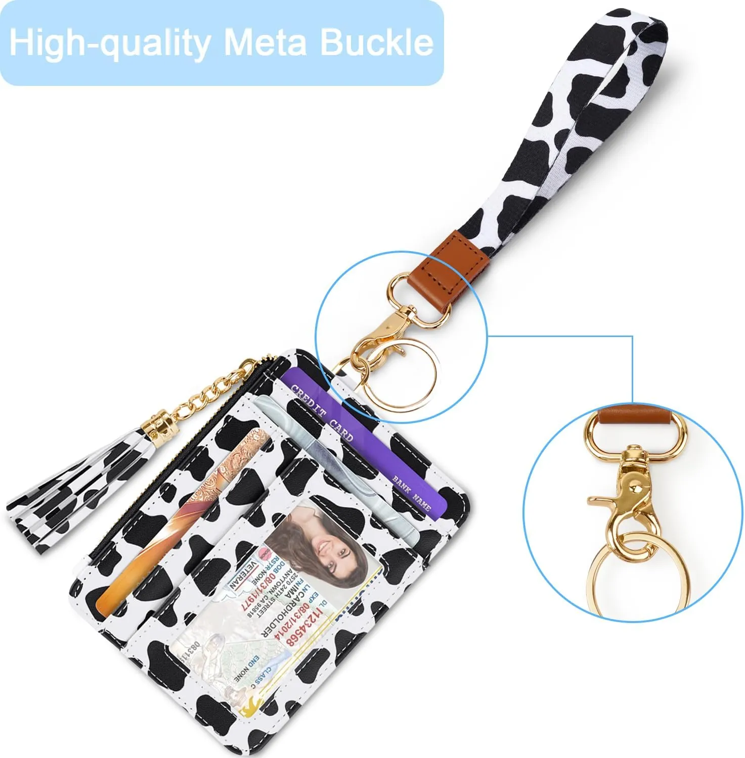 Slim Zipper Credit Card Holder with Keychain Wristlet Small RFID Leather Wallet with ID Window for Women,Cow
