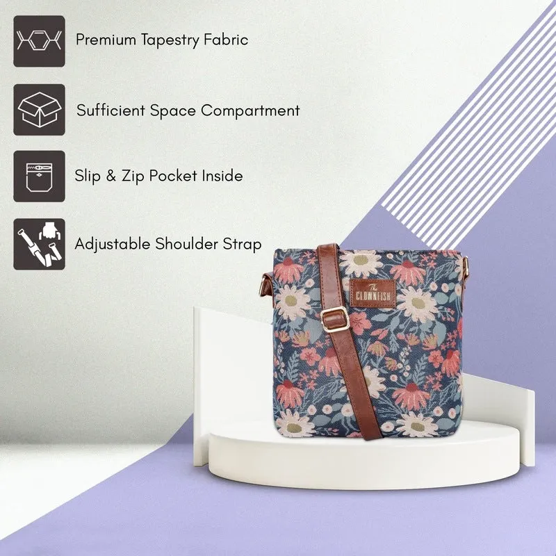 THE CLOWNFISH Combo of Linda Series Sling for Women Crossbody Bag for College Girls Lorna Tapestry Fabric & Faux Leather Handbag Sling Bag for Women (Purple-Floral)
