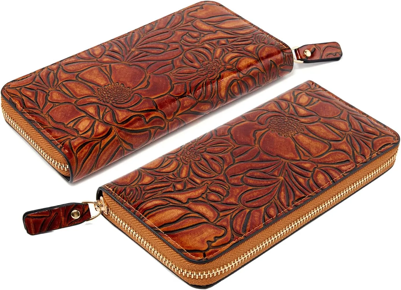 Vintage embossed women's zipper purse Stylish and elegant leather carved clutch bag for holding cards and mobile phone. (Brown)