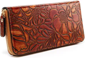 Vintage embossed women's zipper purse Stylish and elegant leather carved clutch bag for holding cards and mobile phone. (Brown)