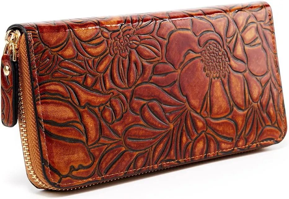Vintage embossed women's zipper purse Stylish and elegant leather carved clutch bag for holding cards and mobile phone. (Brown)