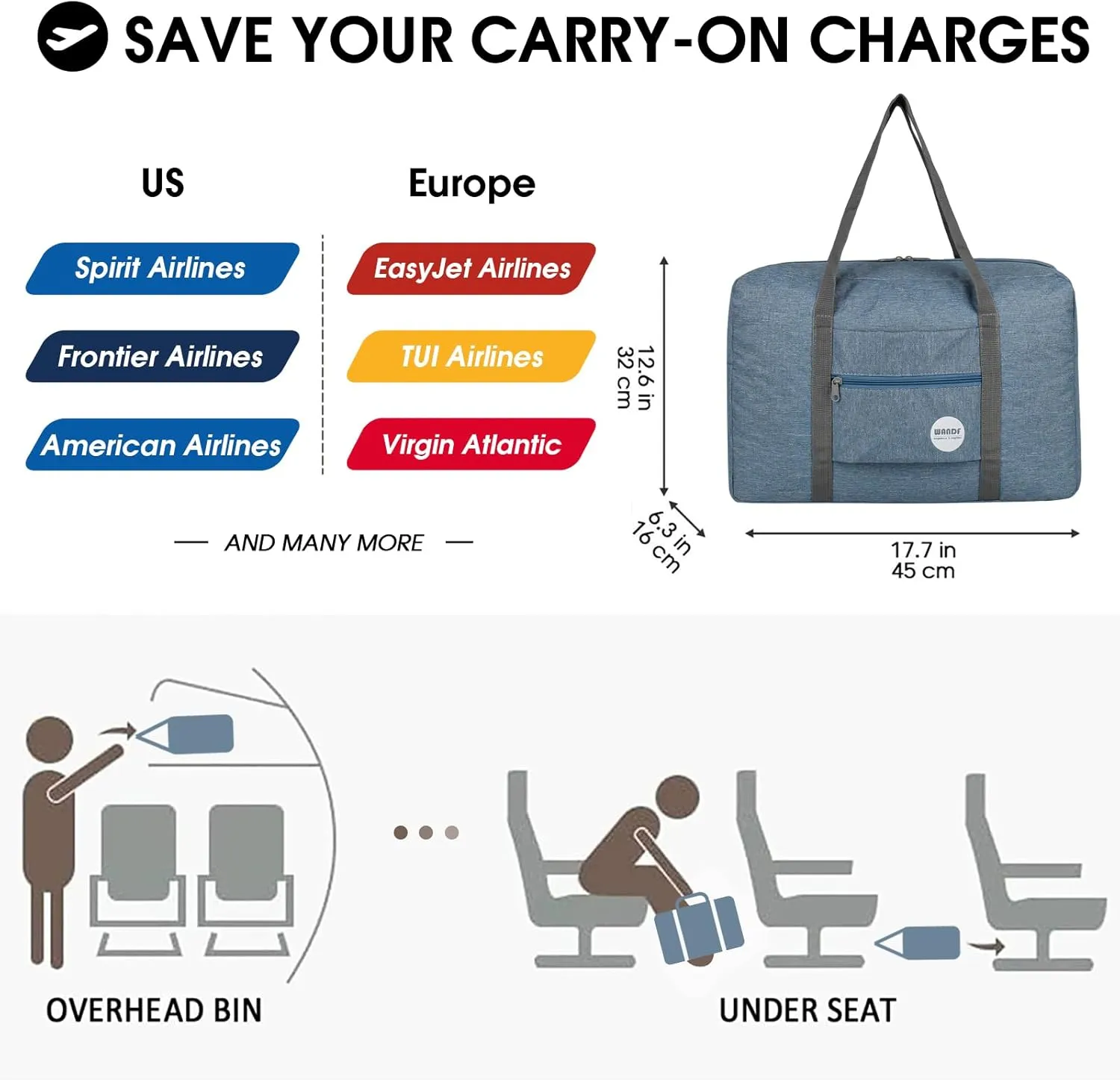WANDF For Spirit Airlines Personal Item Bag 18x14x8 Travel Duffel Bag Underseat Foldable Carry-on Luggage for Women