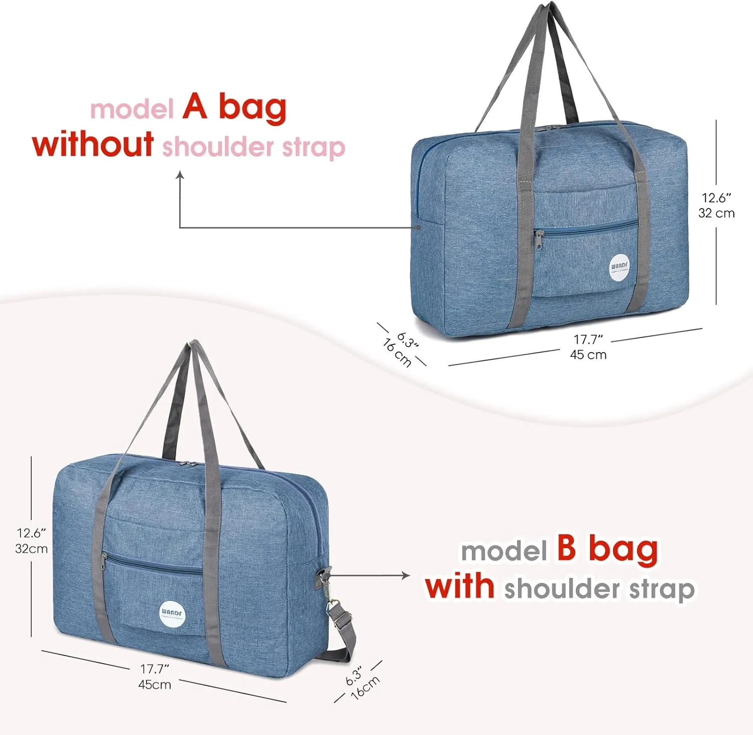 WANDF For Spirit Airlines Personal Item Bag 18x14x8 Travel Duffel Bag Underseat Foldable Carry-on Luggage for Women