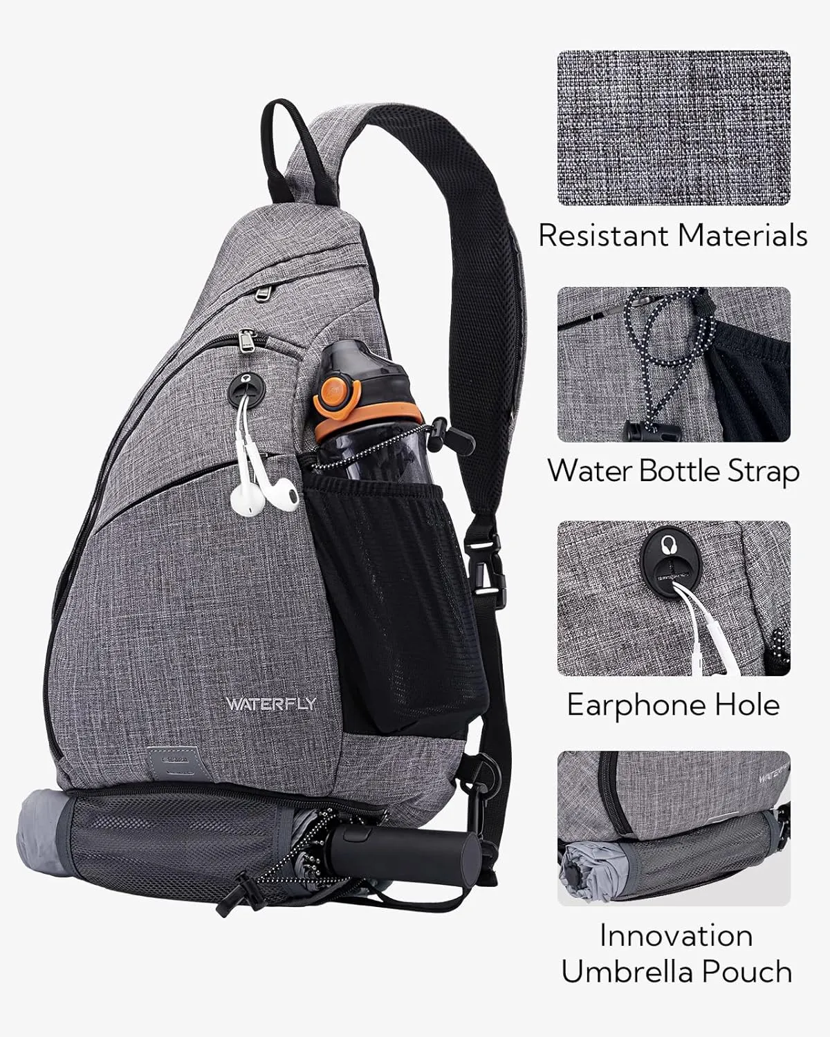 WATERFLY Sling Bag Crossbody Backpack: Over Shoulder Daypack Casual Cross Chest Side Pack