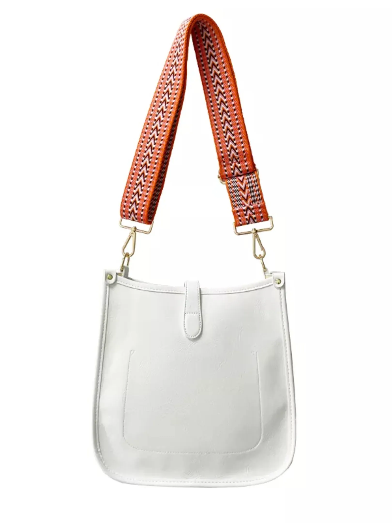 White Solid Vegan Leather Messenger Bag w/ Orange Abstract Strap