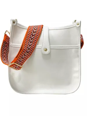 White Solid Vegan Leather Messenger Bag w/ Orange Abstract Strap