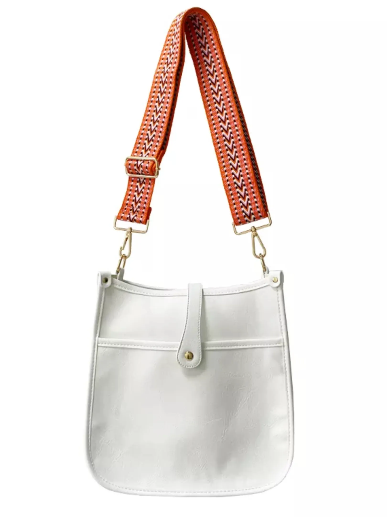 White Solid Vegan Leather Messenger Bag w/ Orange Abstract Strap