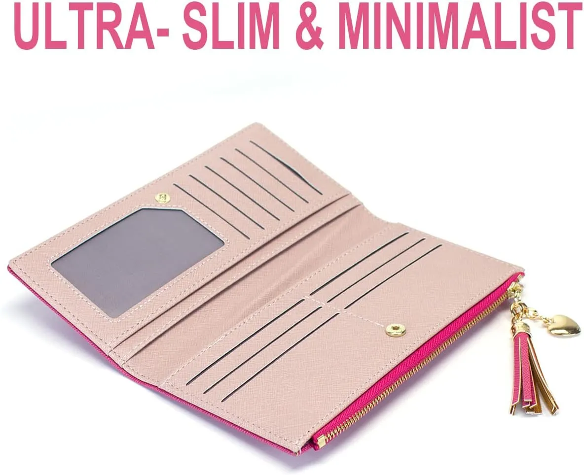 Womens Wallet Cute Elegant Long Slim Card Holder Case Minimalist Coin Purse Thin Tassels Zip Clutch Wallets for Girls Ladies
