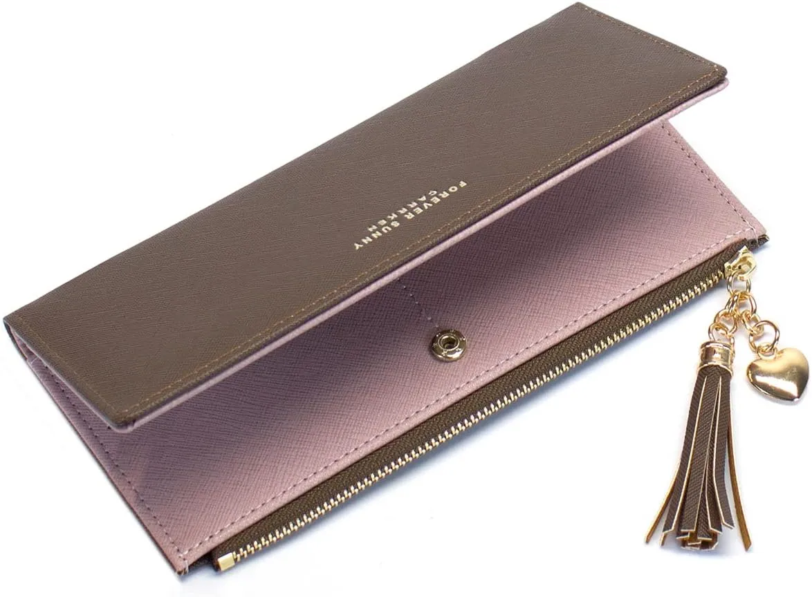 Womens Wallet Cute Elegant Long Slim Card Holder Case Minimalist Coin Purse Thin Tassels Zip Clutch Wallets for Girls Ladies