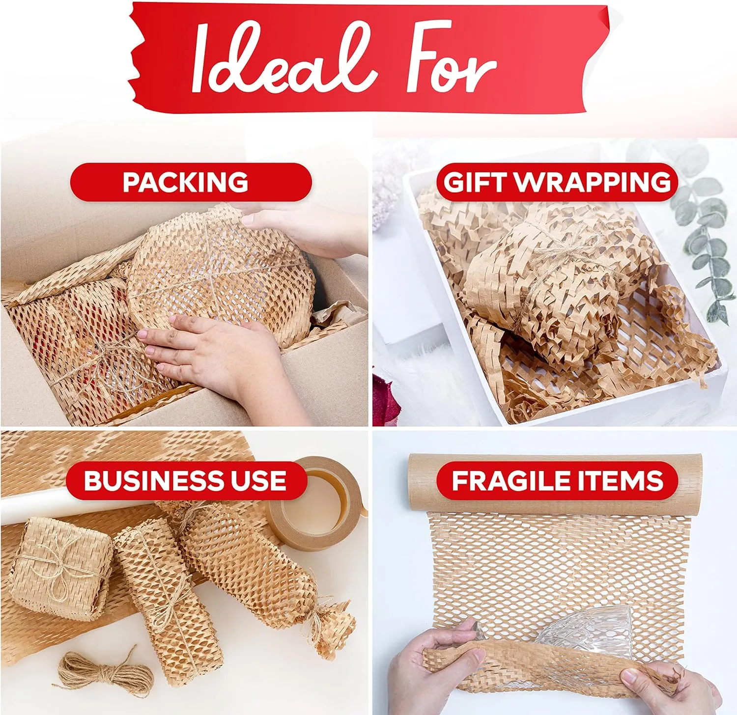 XFasten Honeycomb Packing Paper 12" x 66' Reusable Cushion Kraft Packing Paper for Moving, Alternative Bubble Packing Wrap for Breakable Dishes Packing Supplies for Moving with 20 Fragile Stickers